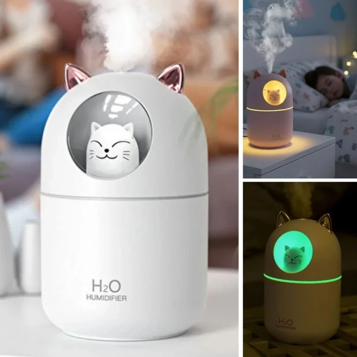 Kedicik Figürlü Hava Nemlendirici – Ultrasonik Soğuk Buhar Makinesi, LED Işıklı Masaüstü Oda Nemlendirici (5047)