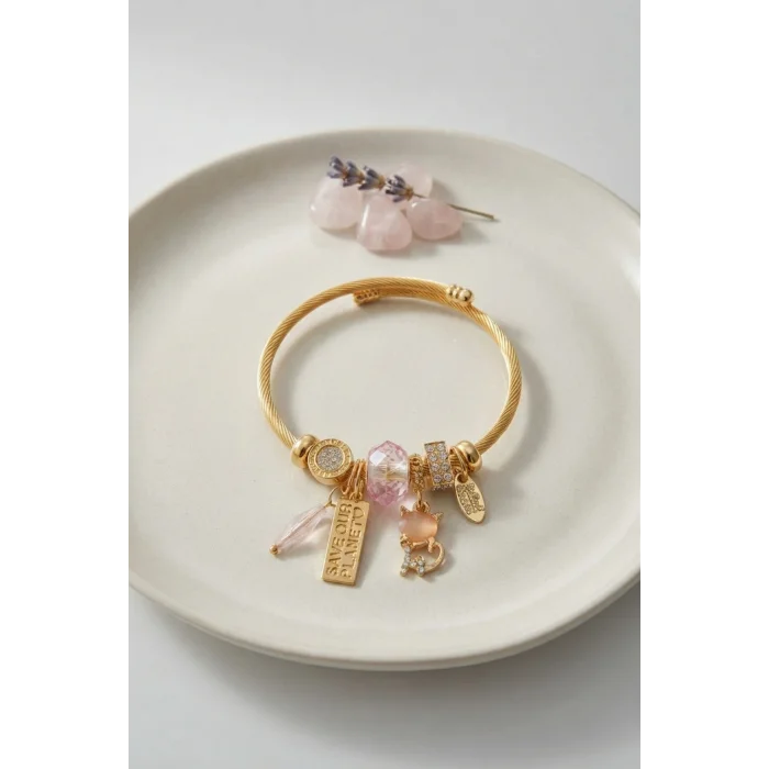 Kedili Model Pembe Charmlı Bileklik