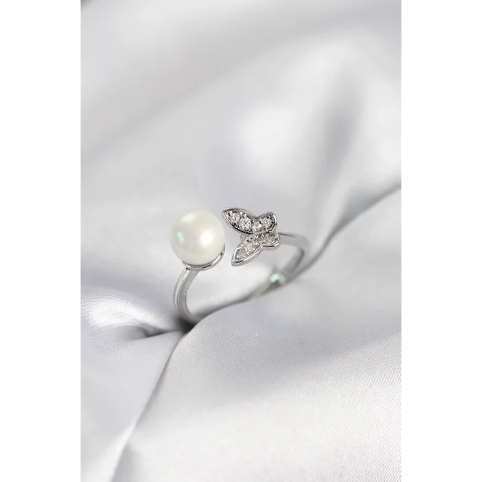 Kelebek İncili Model Gümüş Renk Zirkon Taşlı Kadın Yüzük