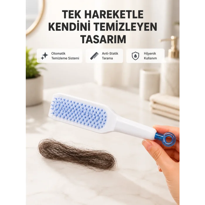 Kendi Kendini Temizleyen Saç Tarağı – Anti-Statik, Silikon Uçlu, ABS Malzeme, 22x4 cm