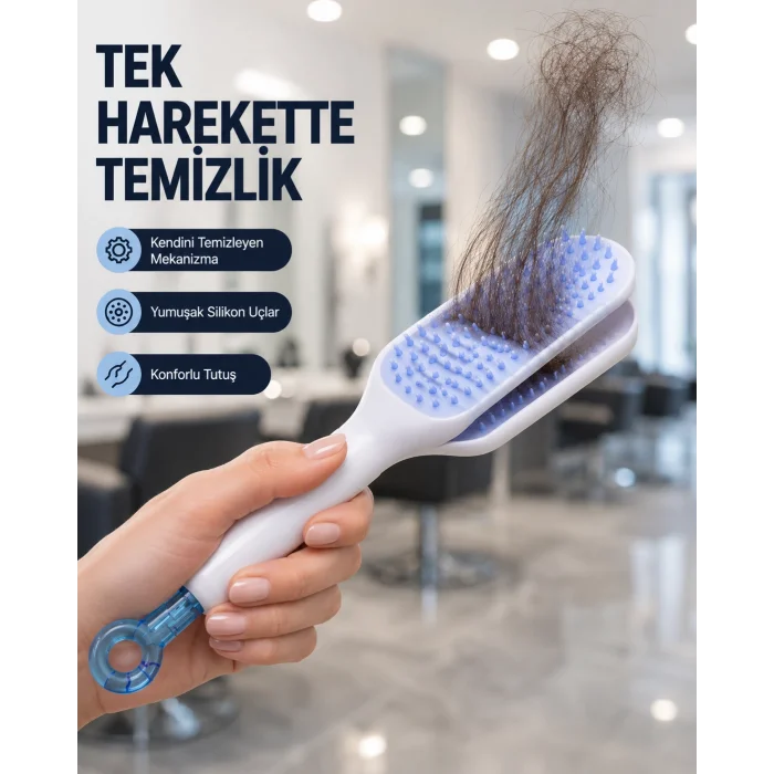 Kendi Kendini Temizleyen Saç Tarağı – Anti-Statik, Silikon Uçlu, ABS Malzeme, 22x4 cm