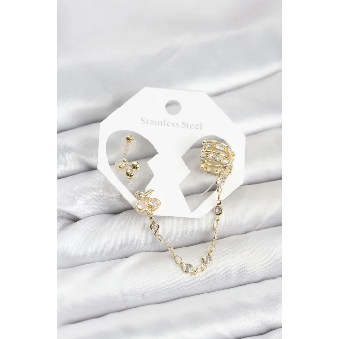 Kiraz Model Pirinç Gold Renk Zincir Bağlantılı Ear Cuff Küpe Seti