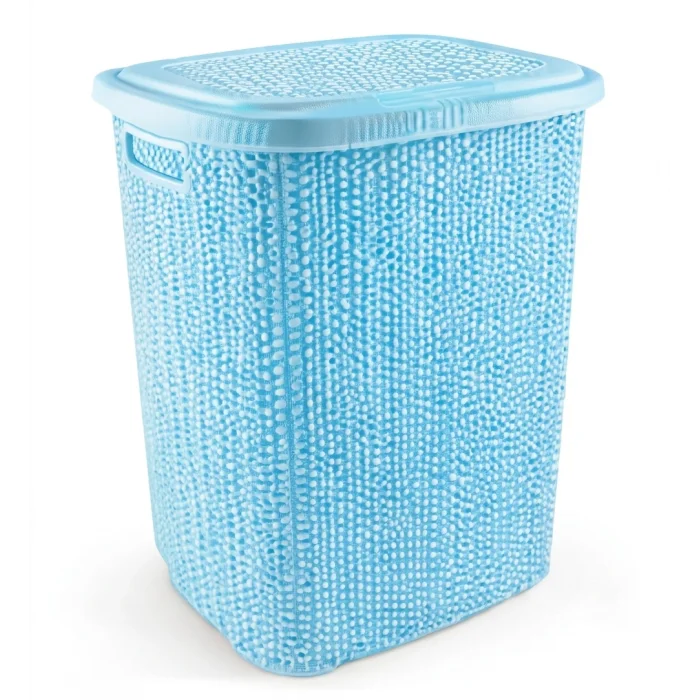 Kirli Çamaşır Sepeti Kapaklı 65 LT Örgü Desenli Plastik Çamaşır Sepeti Banyo Sepeti - Mavi