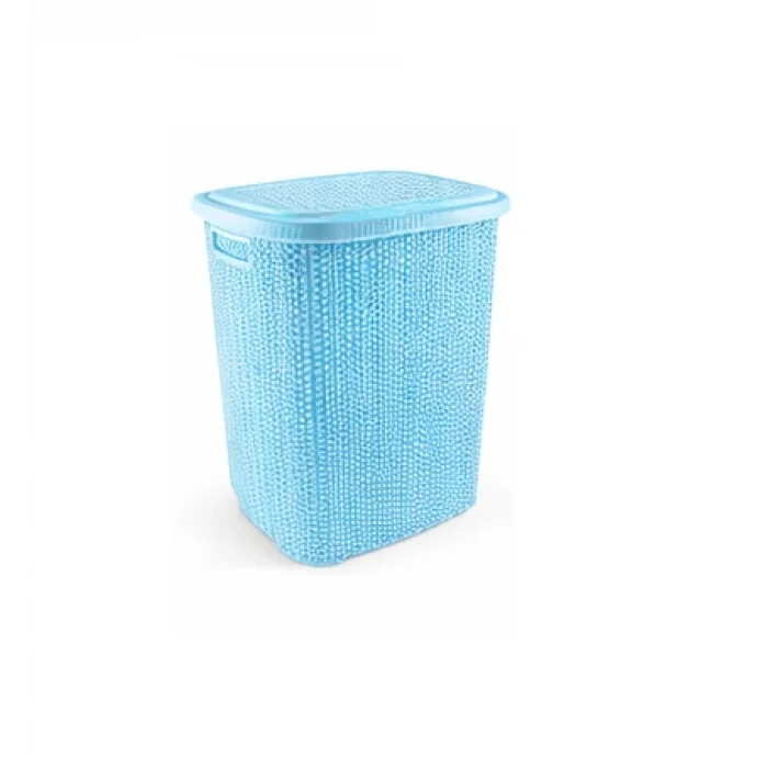 Kirli Çamaşır Sepeti Kapaklı 65 LT Örgü Desenli Plastik Çamaşır Sepeti Banyo Sepeti - Mavi