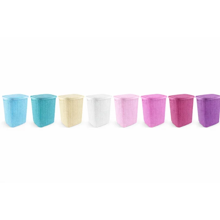 Kirli Çamaşır Sepeti Kapaklı 65 LT Örgü Desenli Plastik Çamaşır Sepeti Banyo Sepeti - Mavi