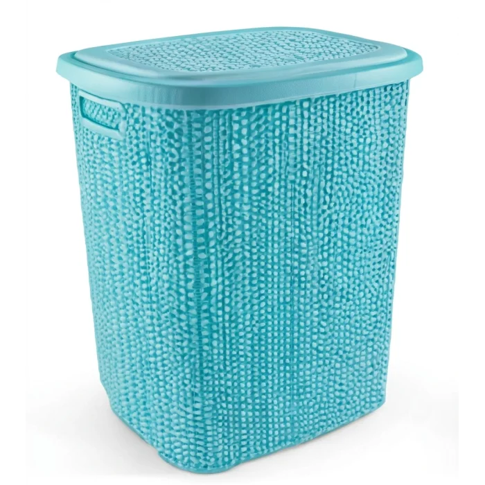Kirli Çamaşır Sepeti Kapaklı 65 LT Örgü Desenli Plastik Çamaşır Sepeti Banyo Sepeti - Turkuaz