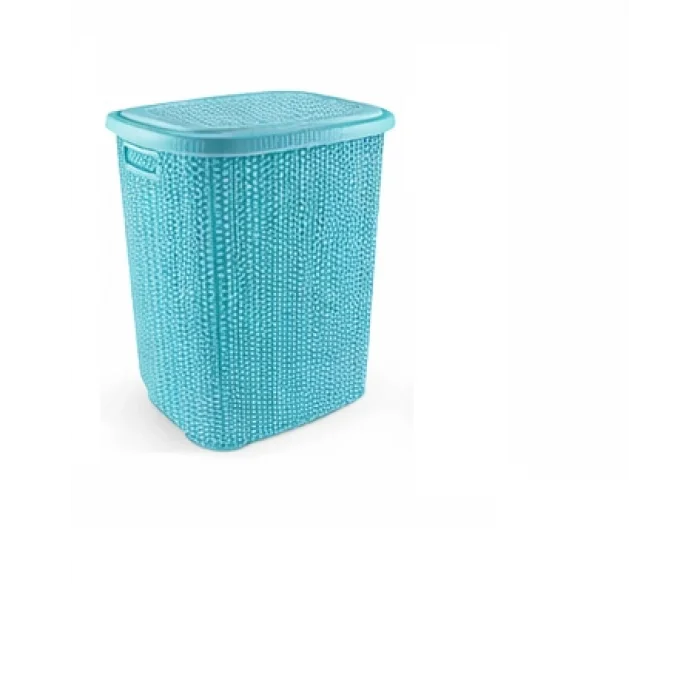 Kirli Çamaşır Sepeti Kapaklı 65 LT Örgü Desenli Plastik Çamaşır Sepeti Banyo Sepeti - Turkuaz