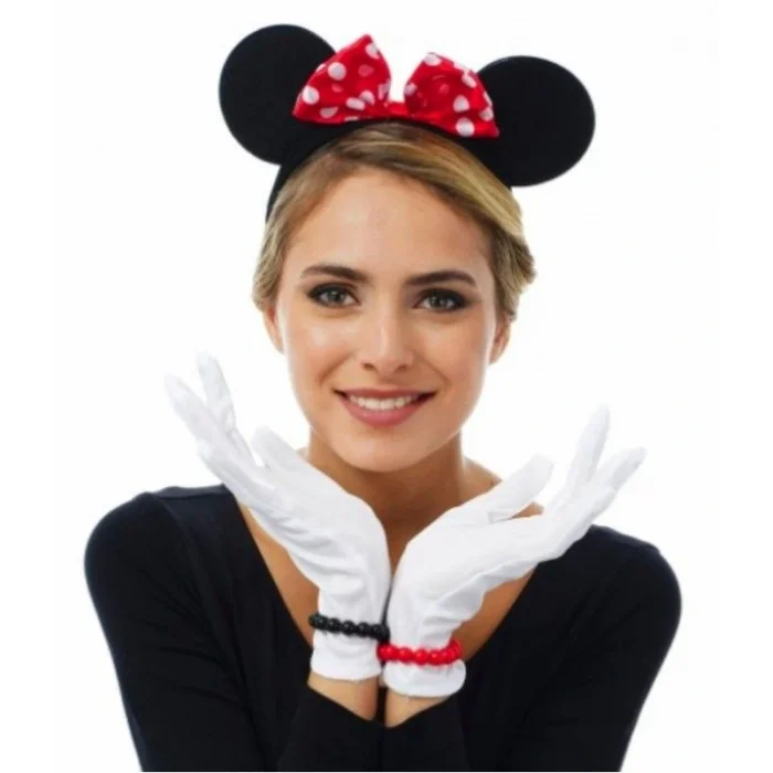 Kırmızı Fiyonklu Minnie Mouse Tacı ve Beyaz Eldiven Seti (5047)
