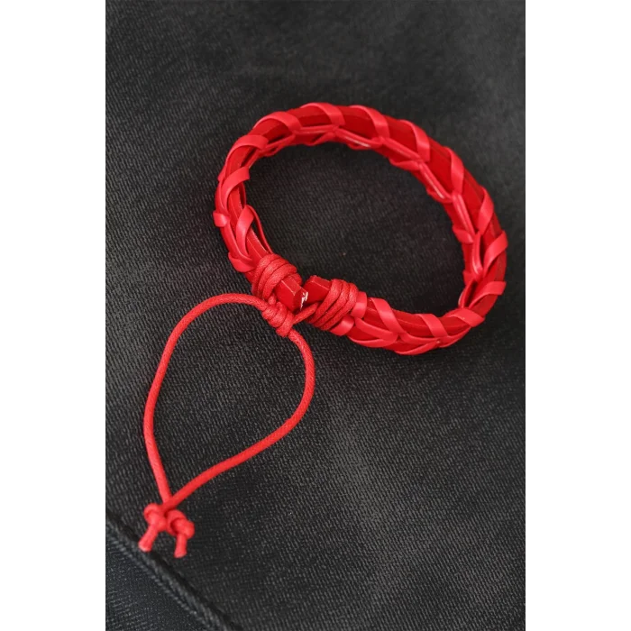 Kırmızı Örgü Deri Erkek Bileklik
