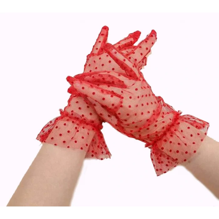 Kısa Boy Güpürlü Kırmızı Puantiyeli Tül Eldiven Kırmızı Renk (5047)