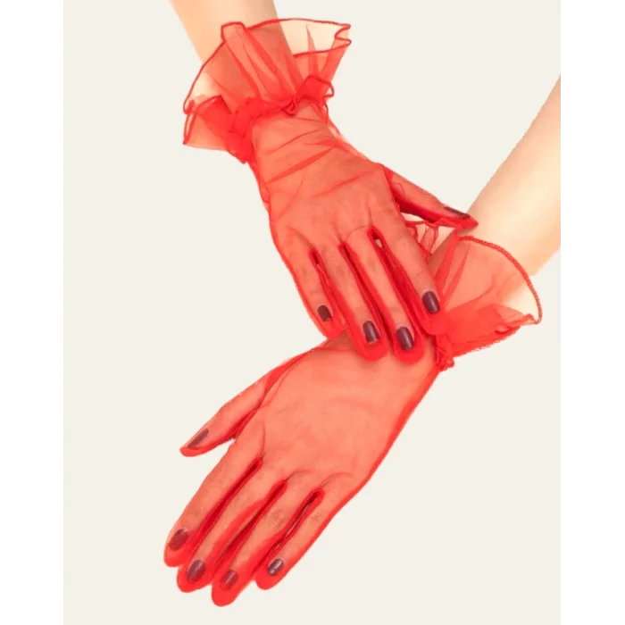 Kısa Boy Likralı Güpürlü Yetişkin Tül Eldiven Kırmızı Renk (5047)