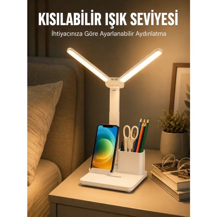 Kısılabilir LED Masa Lambası – Kalemlik, Telefon Standı ve Okuma Işığı Bir Arada Yeni Nesil