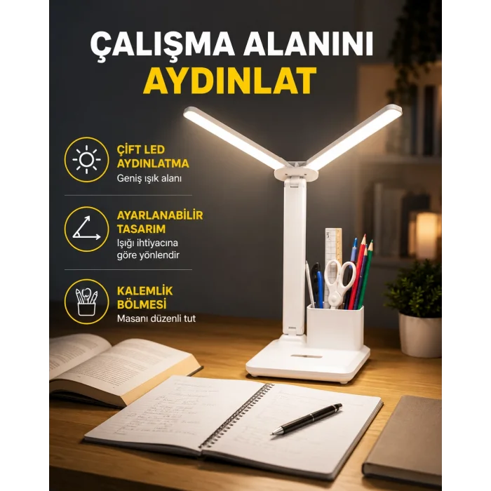 Kısılabilir LED Masa Lambası – Kalemlik ve Telefon Standlı, Göz Yormayan Işık Yeni Nesil