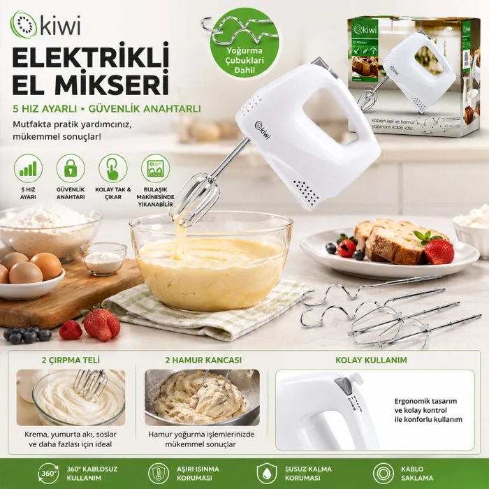 KİWİ KMX-3608 ELEKTRİKLİ EL MİKSERİ 2PCS METAL ÇIRPMA APARATI - 2PCS HAMUR KANCASI 5 KADEME HIZ ÇIRPICI ÇIKARTMA DÜĞMELİ (5047)