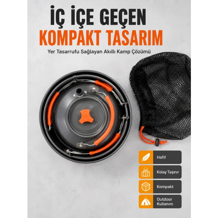 Kompakt Kamp Yemek Seti Alüminyum Tencere Tava Çaydanlık Taşıma Fileli Outdoor Set