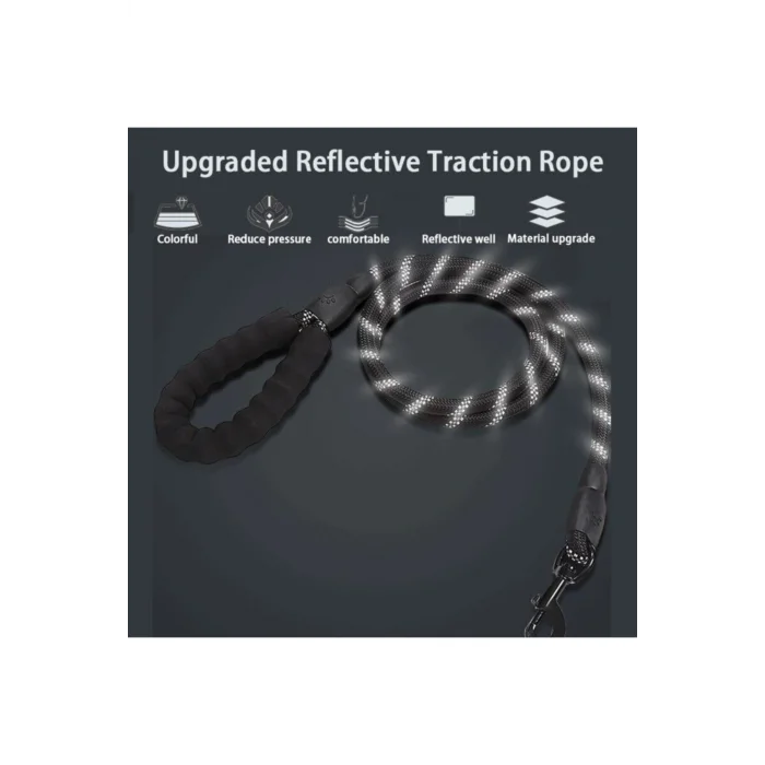 Köpekler İçin Gezdirme Tasması Reflektörlü 130 cm Halat Orta ve Büyük Boy Köpekler İçin Siyah