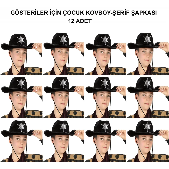 Kovboy Şerif Şapkası Siyah 12 Adet - Kostüm, Parti ve Gösteri Şapkası