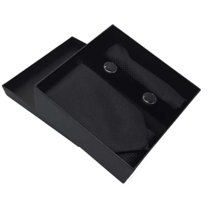 Kravat Düğme Set Siyah Desenli Kravat Mendil Kol Düğmesi Özel Set