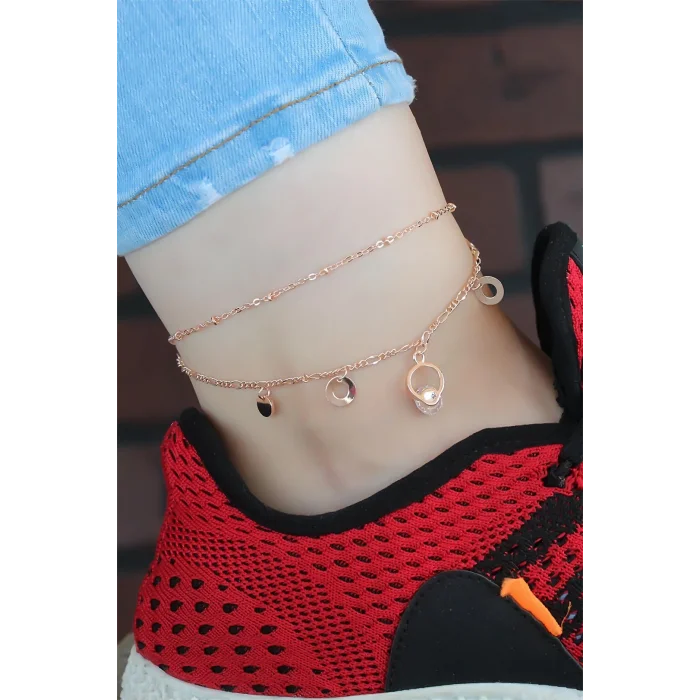 Kristal Taşlı Halkalı Rose Renk Çift Zincirli Hal Hal