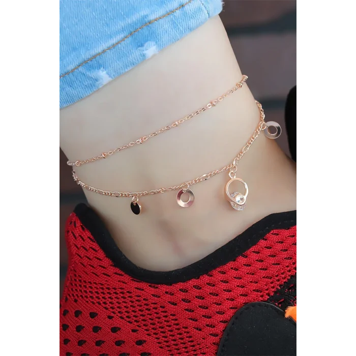 Kristal Taşlı Halkalı Rose Renk Çift Zincirli Hal Hal