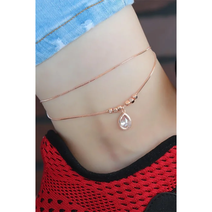 Kristal Taşlı Rose Renk Çift Zincirli Hal Hal