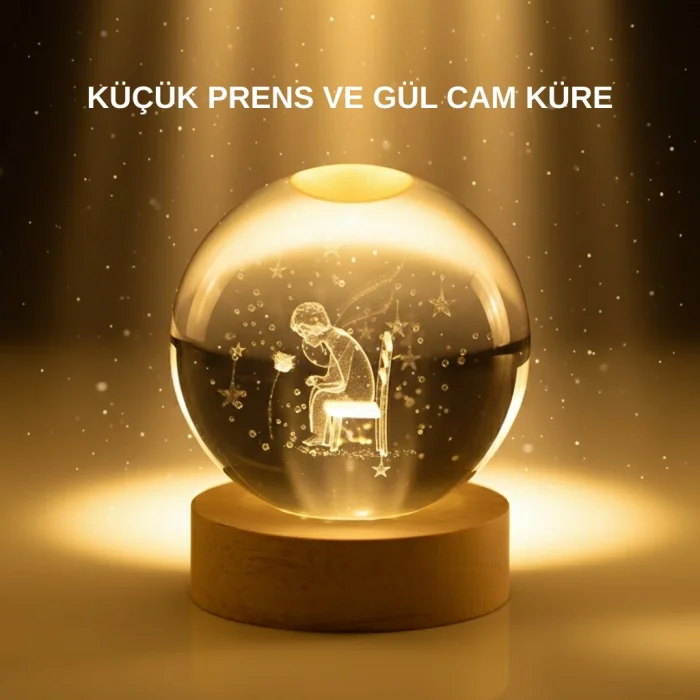 Küçük Prens Cam Küre USB Işıklı Ahşap Standlı Büyük Boy