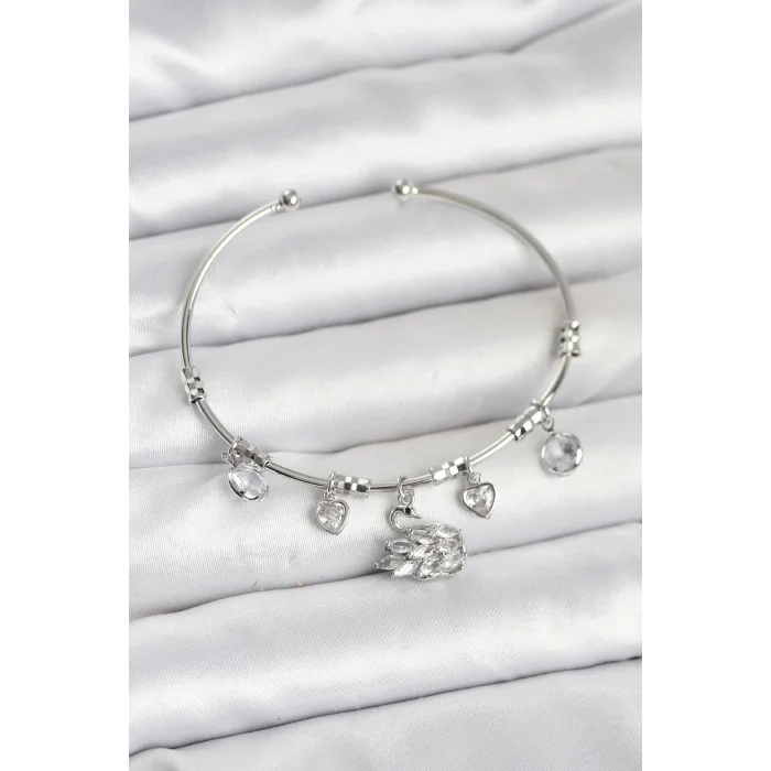 Kuğu Charmlı Gümüş Renk Kadın Bileklik