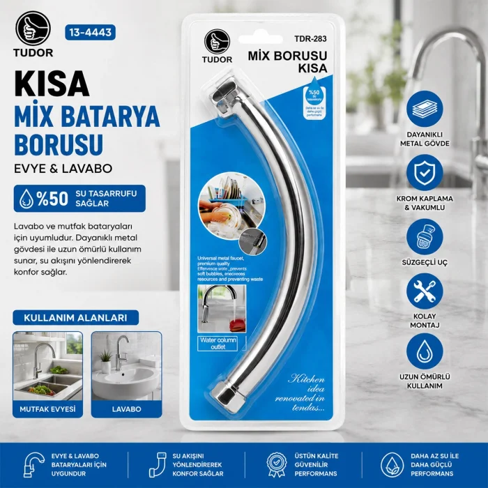KUĞU EVYE - LAVABO KISA MİX BATARYA BORUSU KROM KAPLAMA - VAKUMLU - SÜZGEÇLİ UÇ (5047)