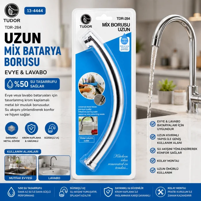 KUĞU EVYE - LAVABO UZUN MİX BATARYA BORUSU KROM KAPLAMA - VAKUMLU - SÜZGEÇLİ UÇ (5047)