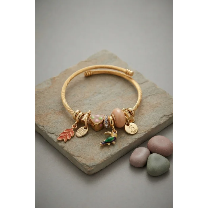 Kuş Figürlü Charmlı Gold Renk Bileklik