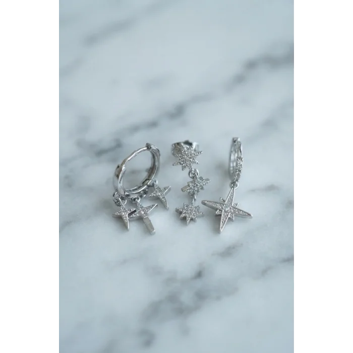 Kutup Yıldızı Model Gümüş Renk 3 lü Küpe Set