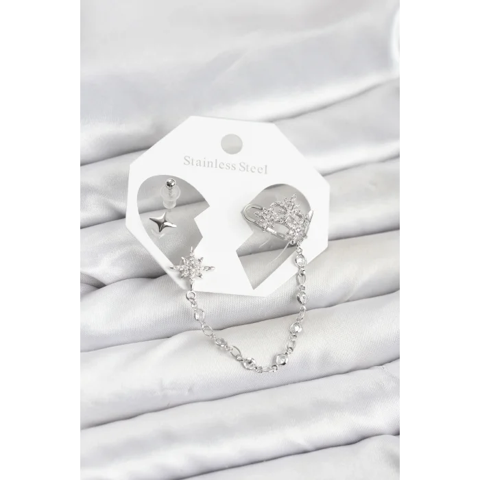 Kutup Yıldızı Model Pirinç Gümüş Renk Zincir Bağlantılı Ear Cuff Küpe Seti