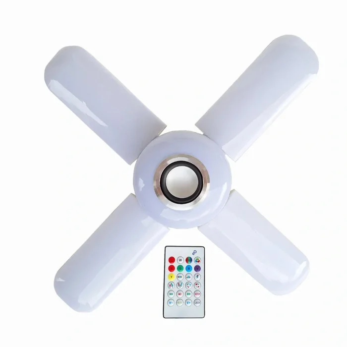 Lamba 4 Kanatlı E27 Duya Takılan Kumandalı Katlanabilir Led Müzik Lamba Işığı Avize Bluetooth Hoparlör (5047)