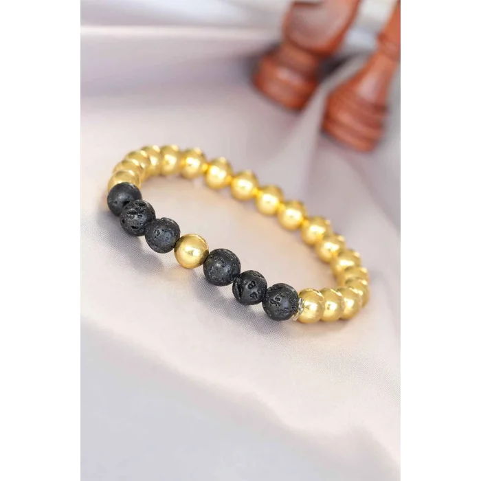 Lav Doğal Taş Detaylı Hematit Gold Renk Erkek Bileklik