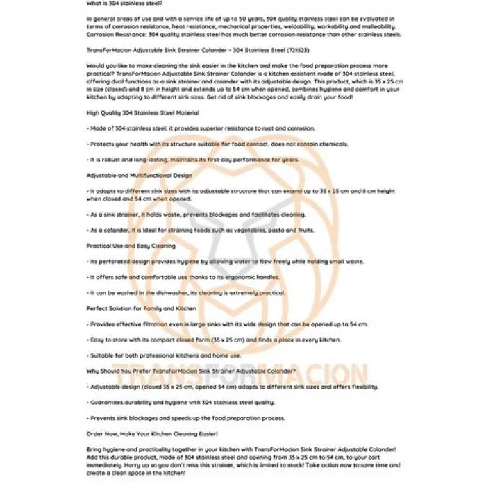 Lavabo Süzgeci Ayarlanabilir Kevgir 304 Paslanmaz Çelik