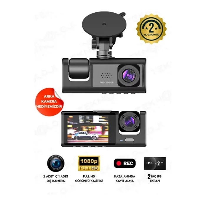 Lcd Ekranlı 3 Kameralı Dash Cam Araç İçi Yol Kayıt Kamerası Gece Görüşlü G Sensörlü