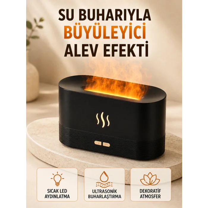 LED Alev Efektli Hava Nemlendirici 9 12 Saat Kullanımlı Aroma Difüzörü
