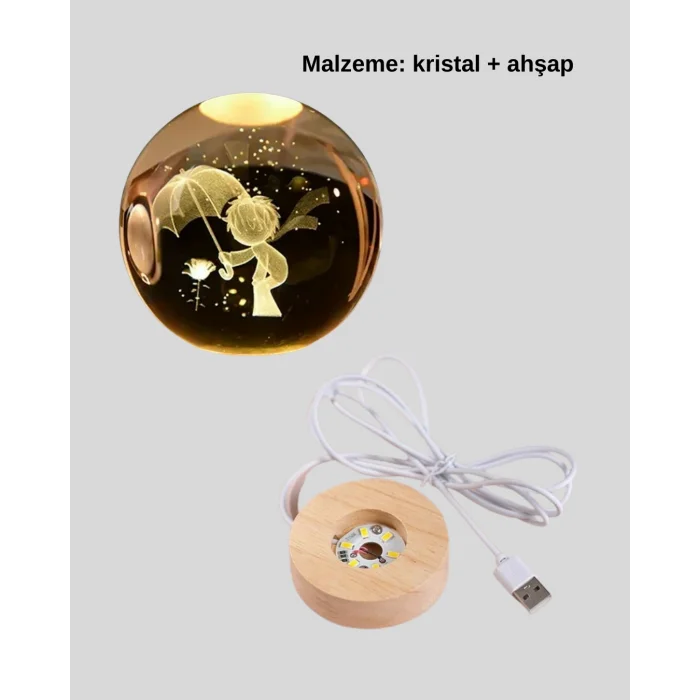 LED Aydınlatmalı 3D Küçük Prens Kristal Küre Ahşap Standlı Masa Gece Lambası