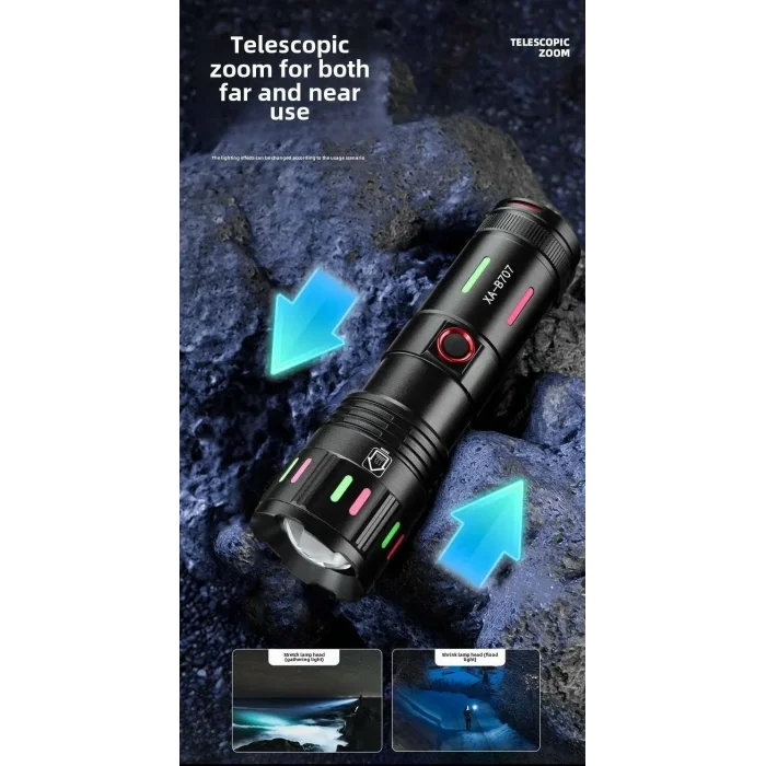 LED El Feneri 2000 Lümen USB Şarj Edilebilir Flash Işığı Yüksek Güçlü El Feneri Taktiksel Uzun Menzil El Lambası XA-B707 (5047)