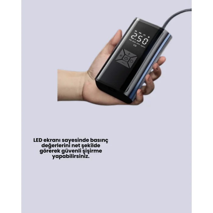 LED Fenerli ve SOS Işıklı Çok Fonksiyonlu Hava Kompresörü