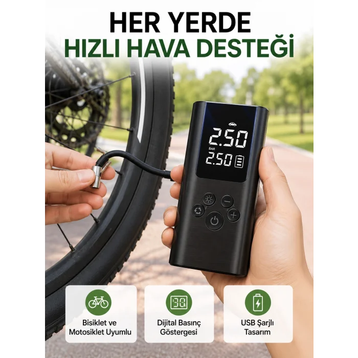 LED Işıklı Dijital Hava Pompası Araba Bisiklet Uyumlu