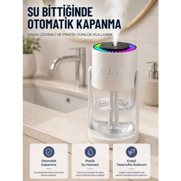 LED Işıklı Hava Nemlendirme Cihazı Şeffaf Su Hazneli Sessiz Masaüstü Nemlendirici
