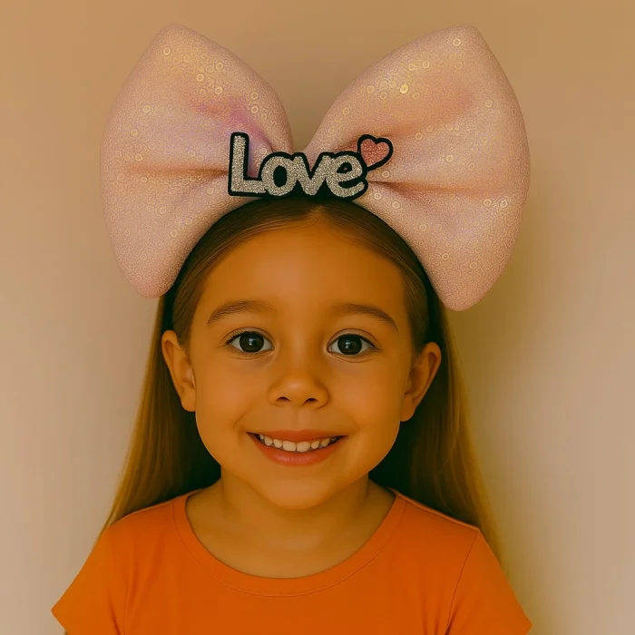 LED Işıklı Love Yazılı Pembe Fiyonk Taç – Kız Çocuk Parti Tacı (5047)