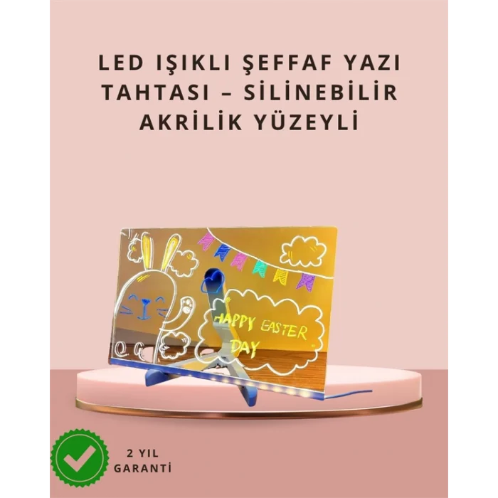 LED Işıklı Şeffaf Yazı Tahtası – Neon Etkili Akrilik Pano, Silinebilir, 7 Renkli Kalemli, 30x20 cm