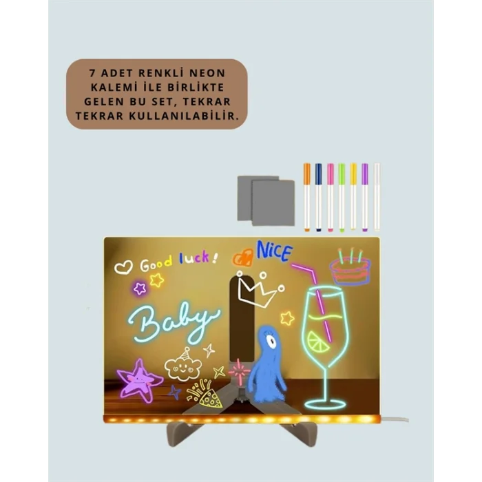 LED Işıklı Şeffaf Yazı Tahtası – Neon Etkili Akrilik Pano, Silinebilir, 7 Renkli Kalemli, 30x20 cm