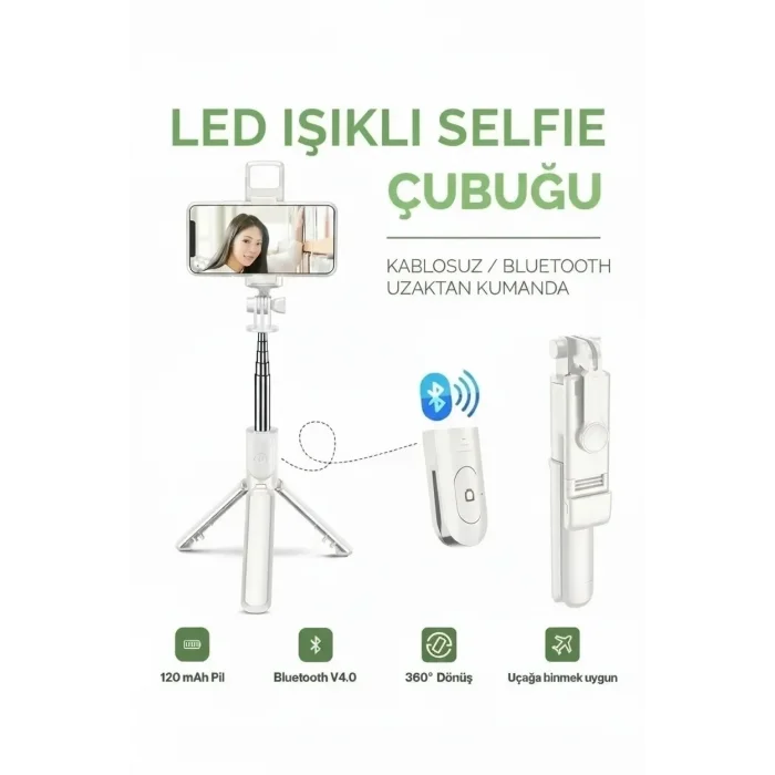 Led Işıklı Selfie Çubuğu Bluetooth Kumandalı Kablosuz Tripot Selfie Monopod Selfie Stick (Beyaz)