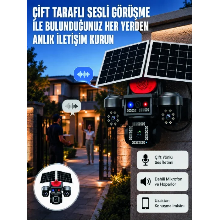 LED Projektörlü Sirenli Güneş Enerjili Akıllı Güvenlik Kamerası