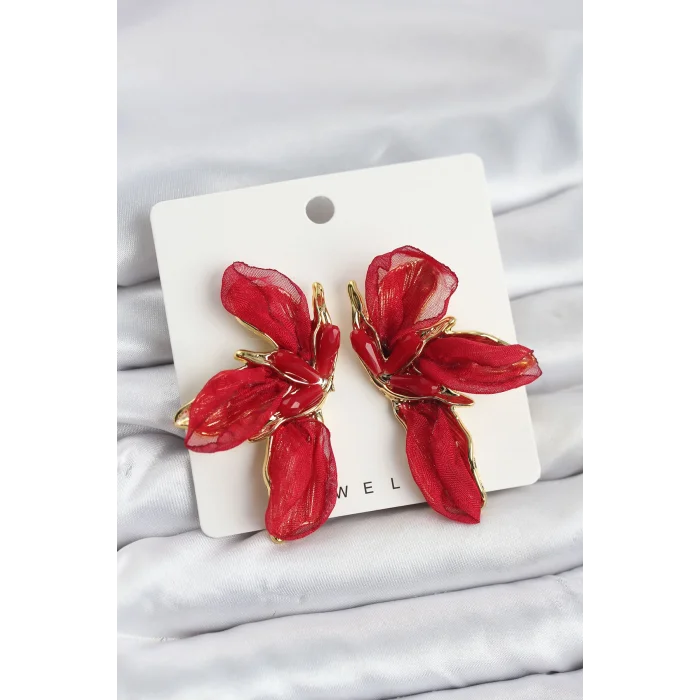 Lotus Model Kırmızı Renk Tüllü Kadın Küpe