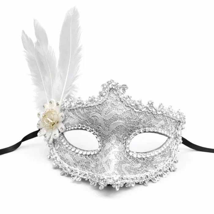 Lüks Beyaz Tüylü Venedik Maskesi – Taşlı Dantel Tasarım