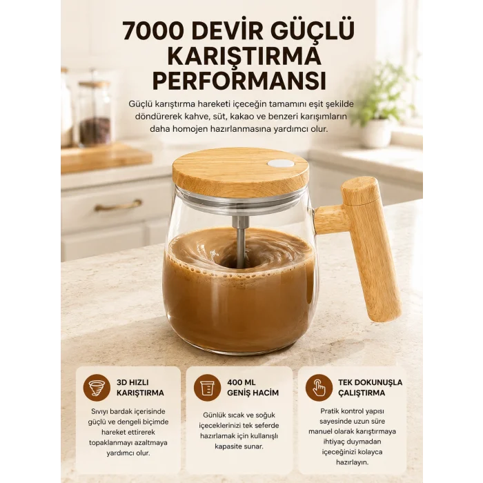 Manyetik Karıştırıcı Kupa – 400 ml, C Tipi Şarjlı, Akıllı Tasarım Yeni Nesil